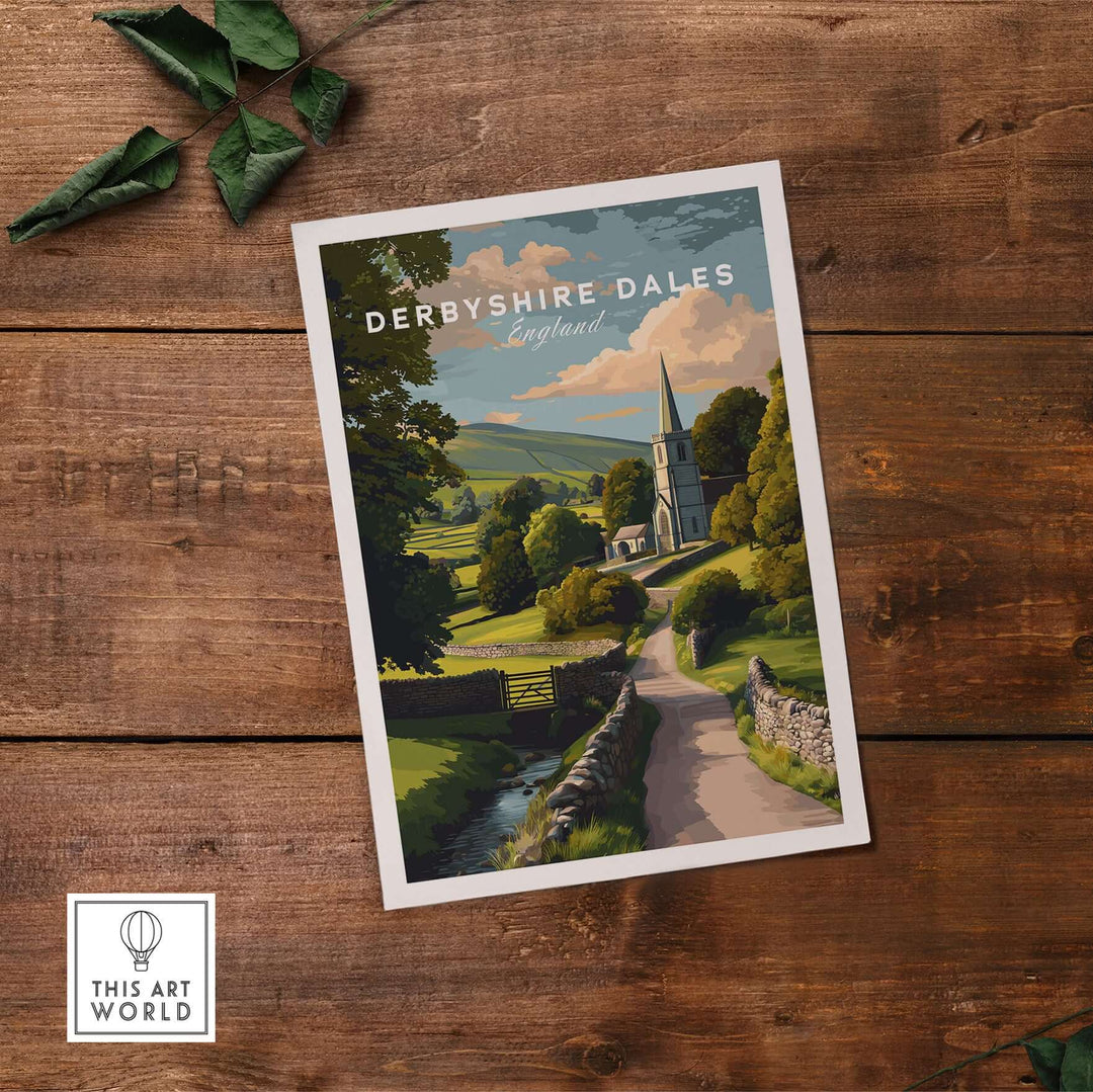 Derbyshire Dales art print showcasing a rural church and scenic landscape in the Peak District, perfect for wall decor.