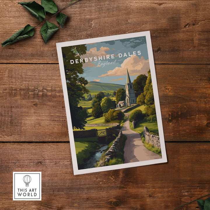 Derbyshire Dales art print showcasing a rural church and scenic landscape in the Peak District, perfect for wall decor.