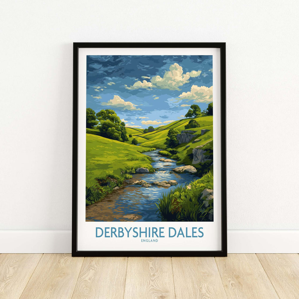 Derbyshire Dales poster art print featuring rolling hills and a stream in vibrant green landscapes.