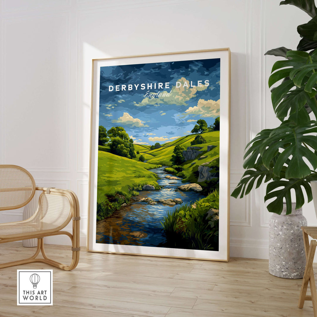 Derbyshire Dales print showcasing green hills and a flowing river, perfect wall art for nature lovers.
