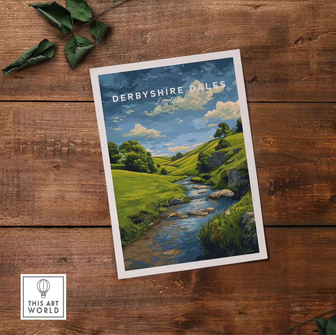 Derbyshire Dales travel poster featuring green hills and a winding river, showcasing England's picturesque countryside.