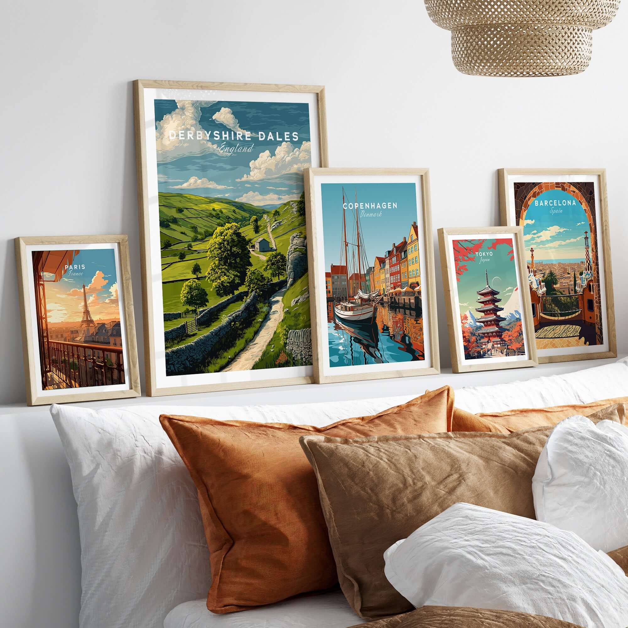 Derbyshire Dales Print - England Farmhouse Wall Art - Green Fields and Hills Poster displayed in a stylish living room setting.