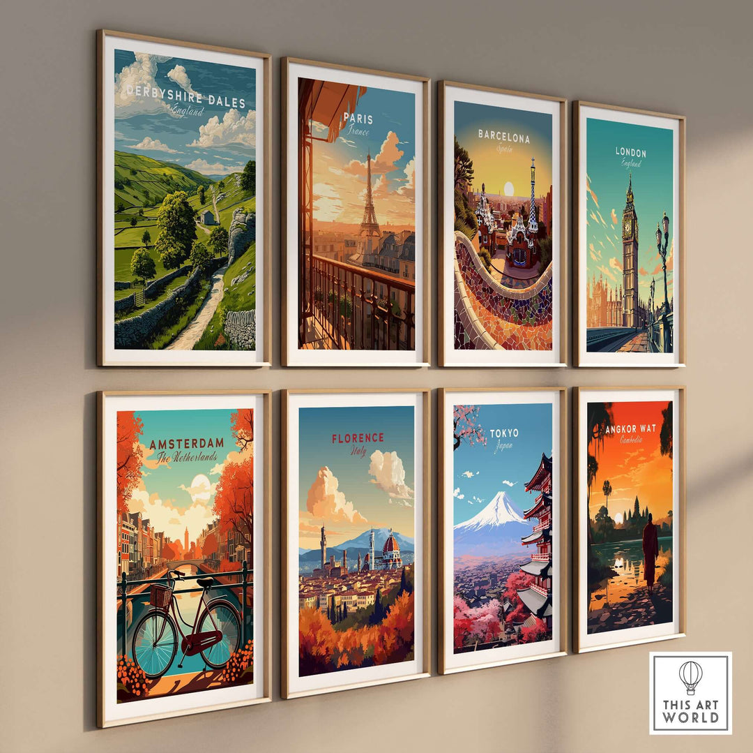 Gallery wall of travel-themed vintage posters including Derbyshire Dales, Paris, Barcelona, London, Amsterdam, Florence, Tokyo, and Angkor Wat.