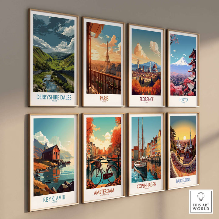 Collection of travel art prints featuring landscapes from Derbyshire Dales, Paris, Florence, Tokyo, Reykjavik, Amsterdam, Copenhagen, and Barcelona.