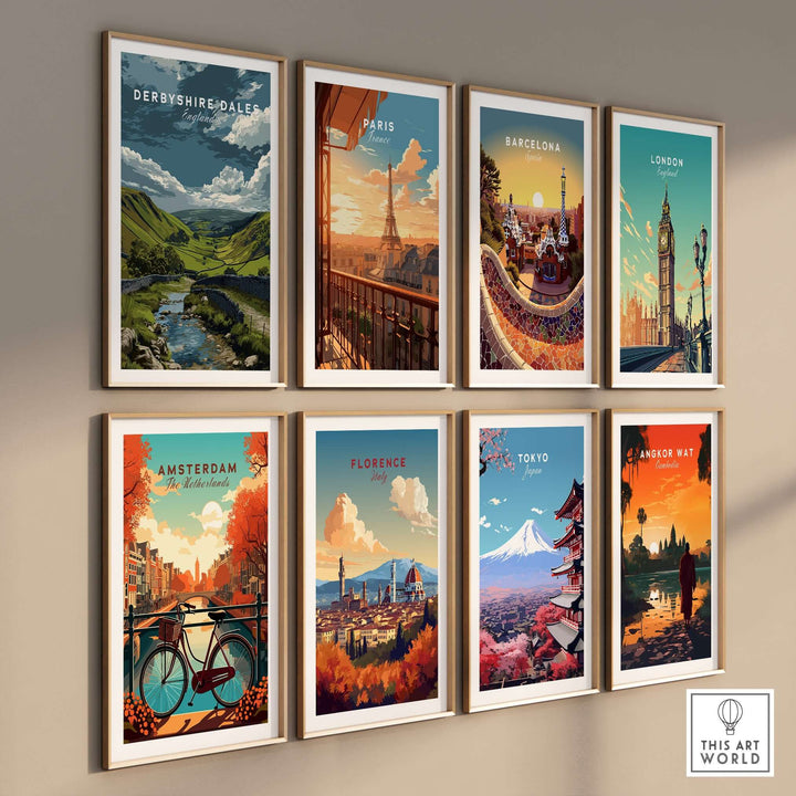 Collection of scenic wall art featuring Derbyshire Dales, Paris, Barcelona, London, and other iconic cities.