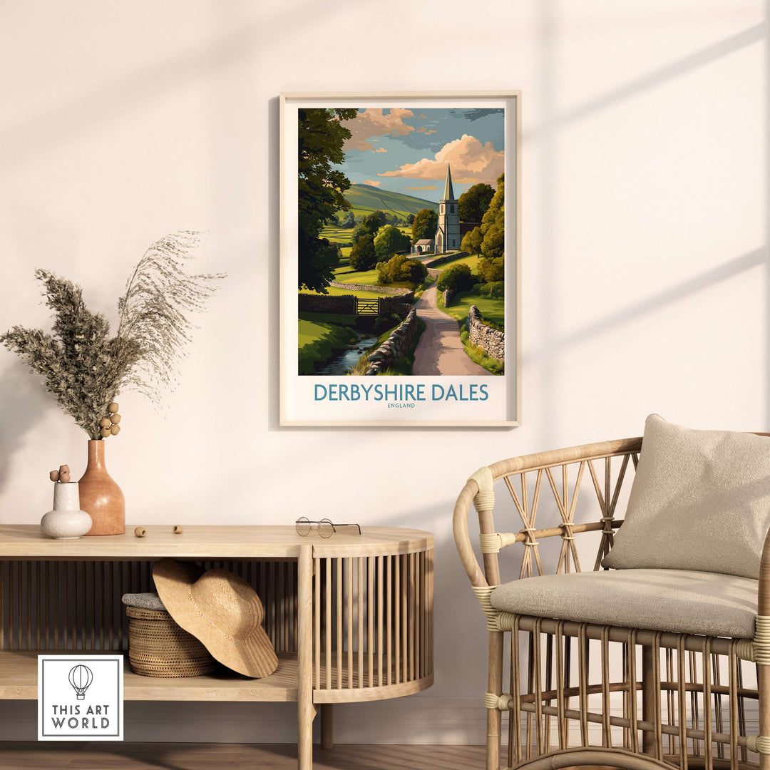 Derbyshire Dales poster featuring serene countryside landscape framed in a cozy living space, perfect wall decor for nature lovers.