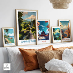 Derbyshire Dales Poster - English Countryside Art Print - Wall Decor displayed among other travel art prints.