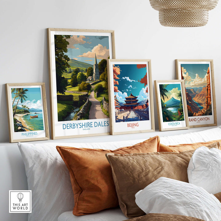 Framed art prints including Derbyshire Dales, showcasing beautiful landscapes for home decor.