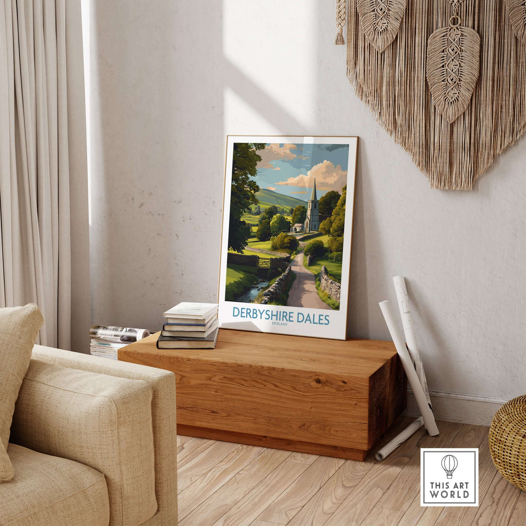 Derbyshire Dales poster displayed in a cozy living room, showcasing serene English countryside art print for wall decor.