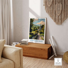 Derbyshire Dales Poster - English Countryside Art Print - Wall Decor displayed in a cozy living room setting.