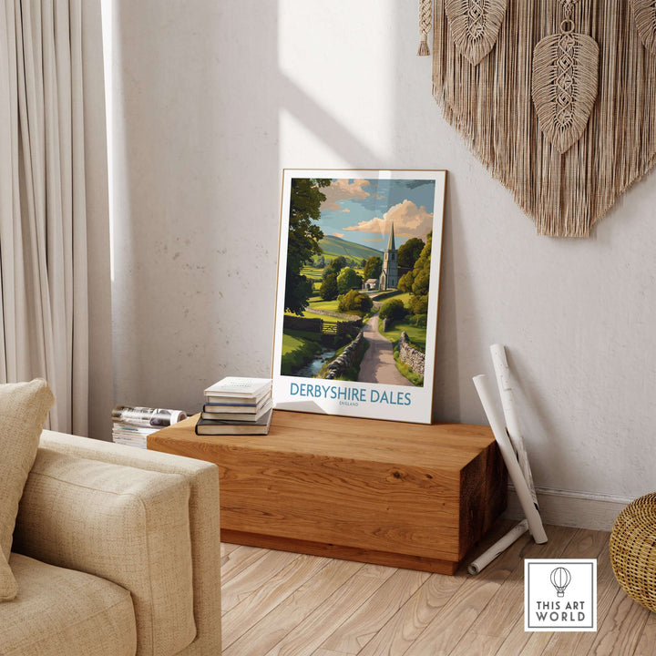 Derbyshire Dales poster displayed in a cozy living room, showcasing serene English countryside art print for wall decor.