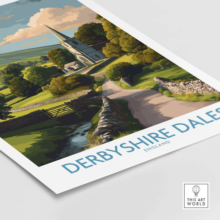 Derbyshire Dales art print showcasing English countryside landscapes and a charming village scene.