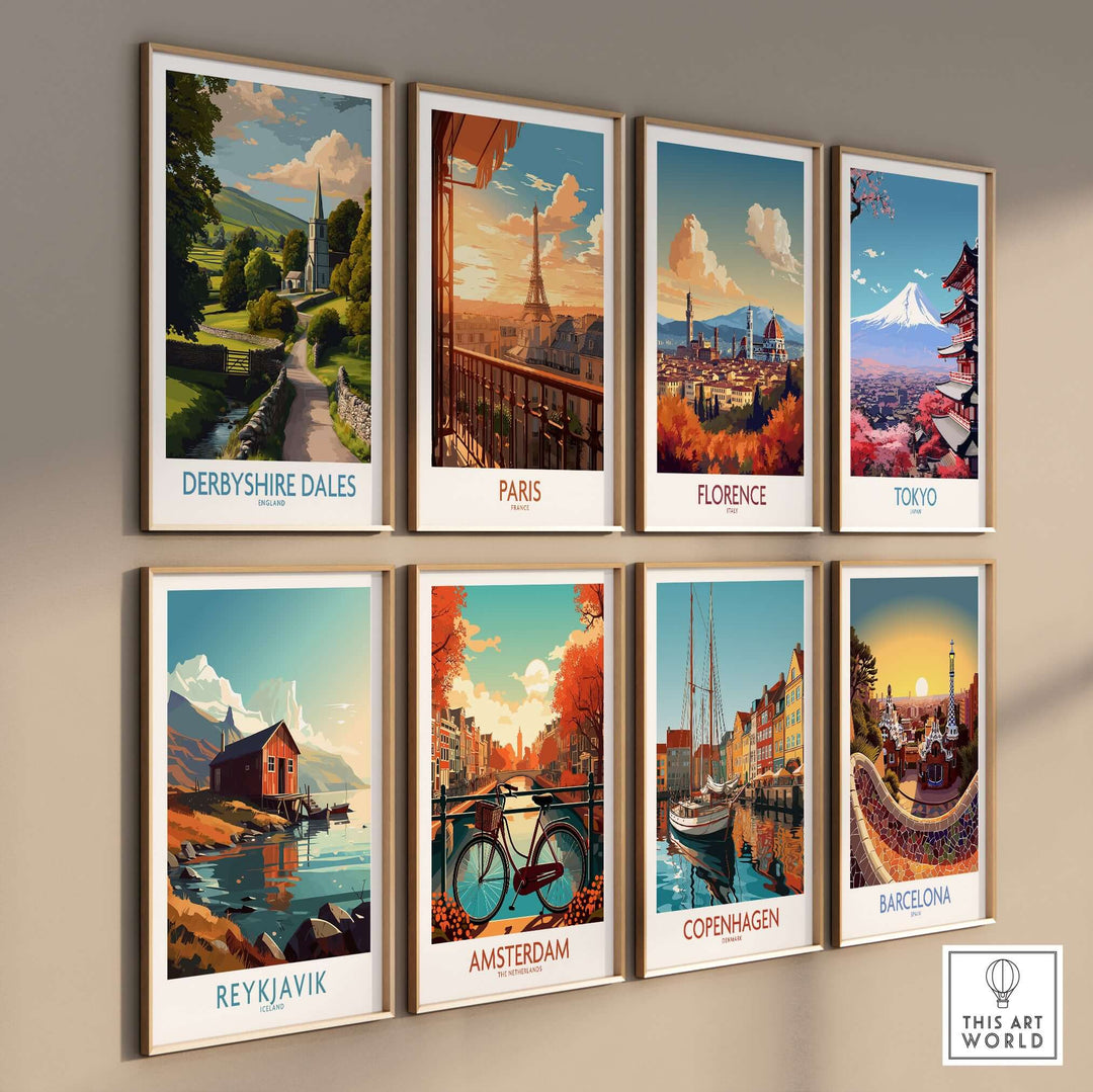 Collection of vibrant city and landscape posters featuring Derbyshire Dales, Paris, Florence, Tokyo, and more.