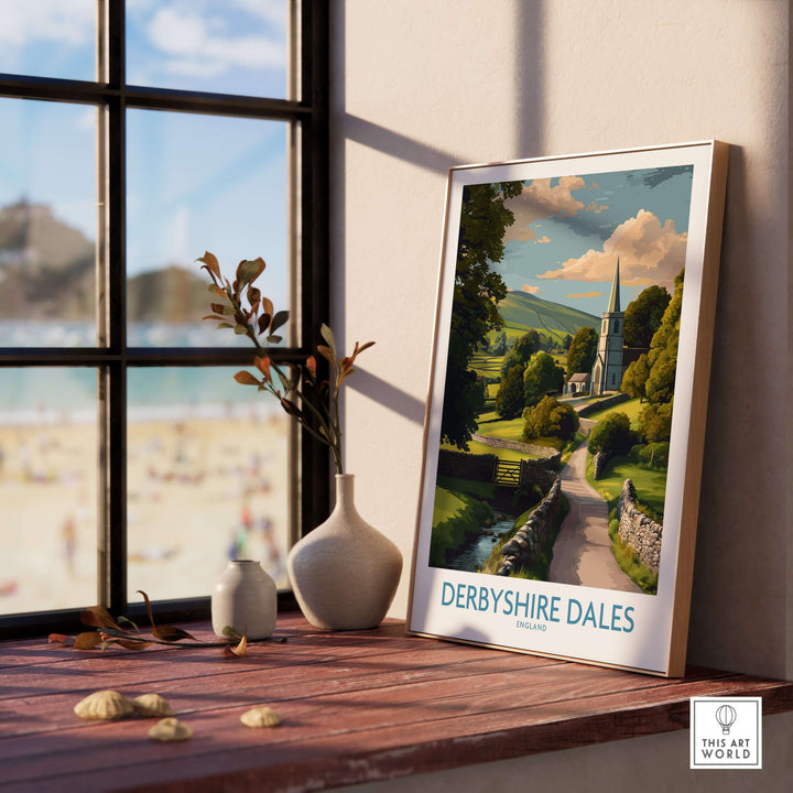 Derbyshire Dales poster featuring a scenic English countryside view, perfect for wall decor in homes or offices.