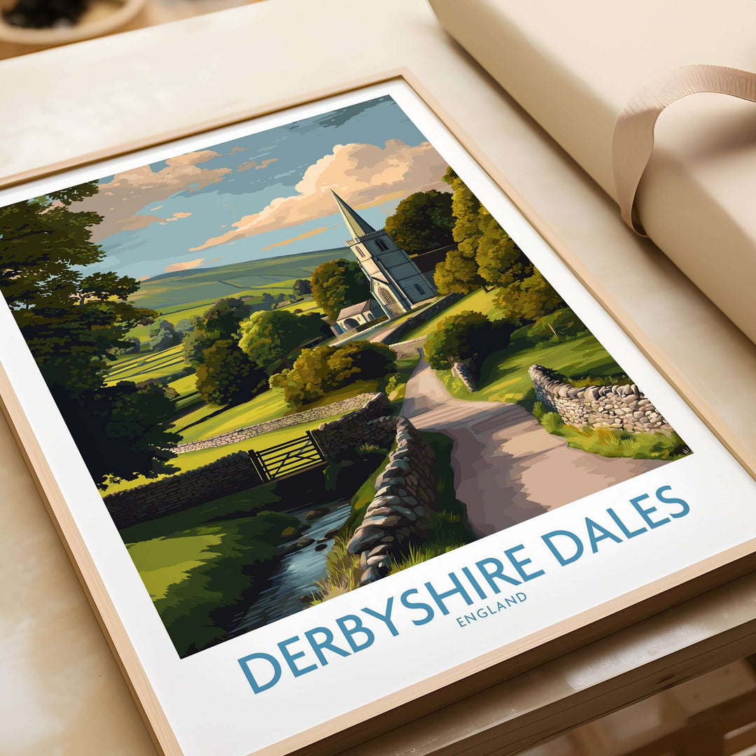 Derbyshire Dales art print showcasing lush landscapes and a charming village, ideal for wall decor and countryside lovers.