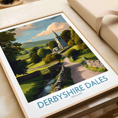 Derbyshire Dales Poster - English Countryside Art Print - Wall Decor featuring lush landscapes and a charming village.
