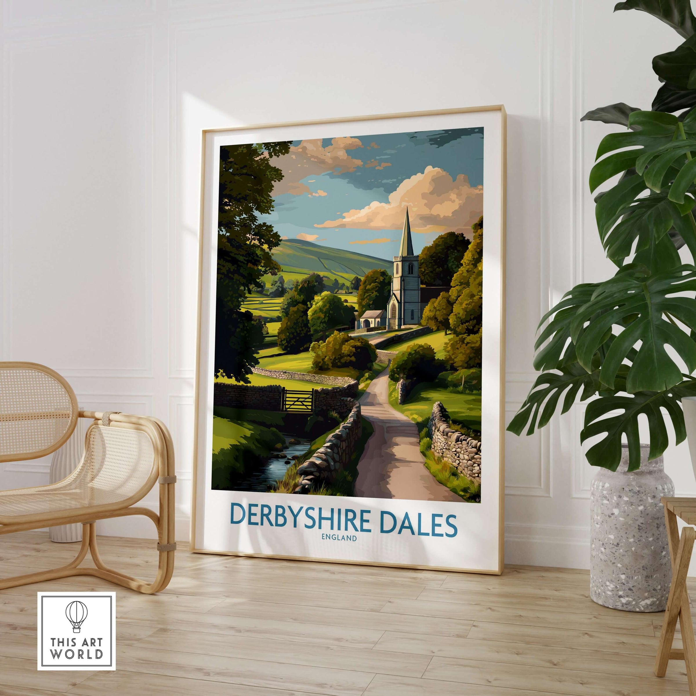 Derbyshire Dales Poster - English Countryside Art Print - Wall Decor showcased in a stylish home setting.