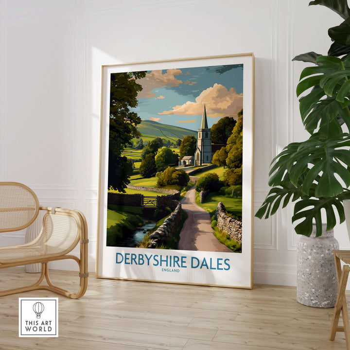 Derbyshire Dales poster art print showcasing lush English countryside scenery and serene landscapes.