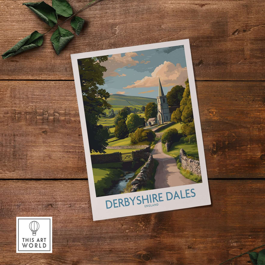 Derbyshire Dales poster showcasing English countryside scenery with a church and lush green hills.