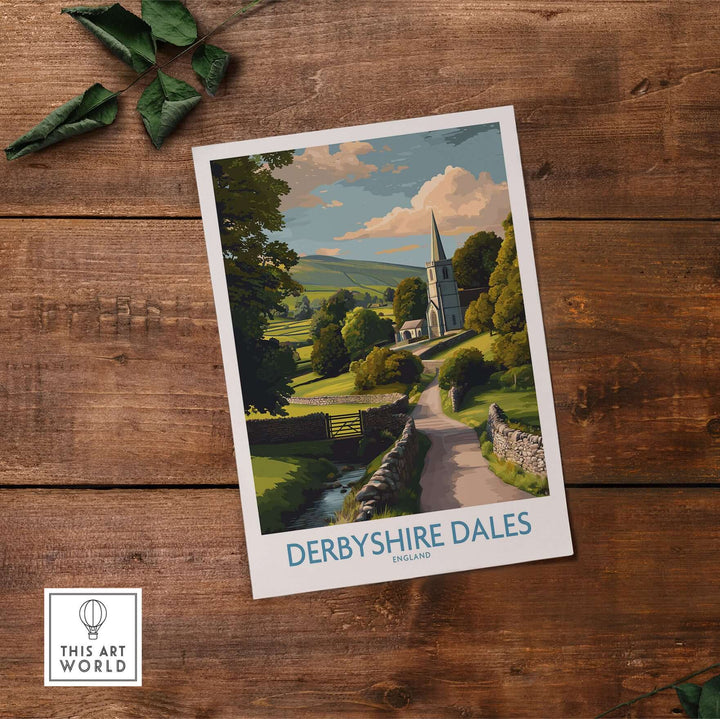 Derbyshire Dales poster showcasing English countryside scenery with a church and lush green hills.