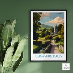 Derbyshire Dales Poster - English Countryside Art Print - Wall Decor displayed on a green wall with plants.