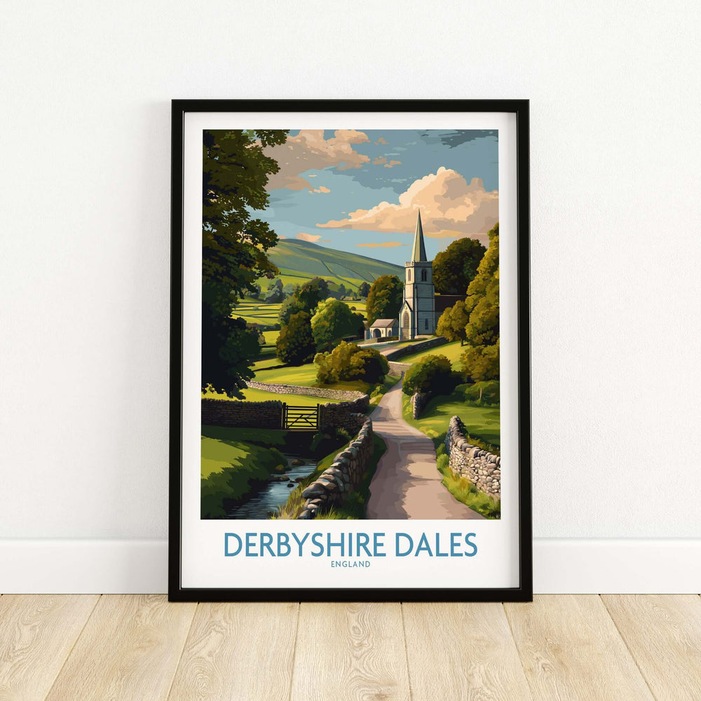Derbyshire Dales Poster showcasing serene English countryside with church and hills, perfect wall decor.