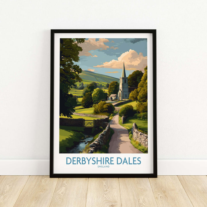 Derbyshire Dales Poster showcasing serene English countryside with church and hills, perfect wall decor.
