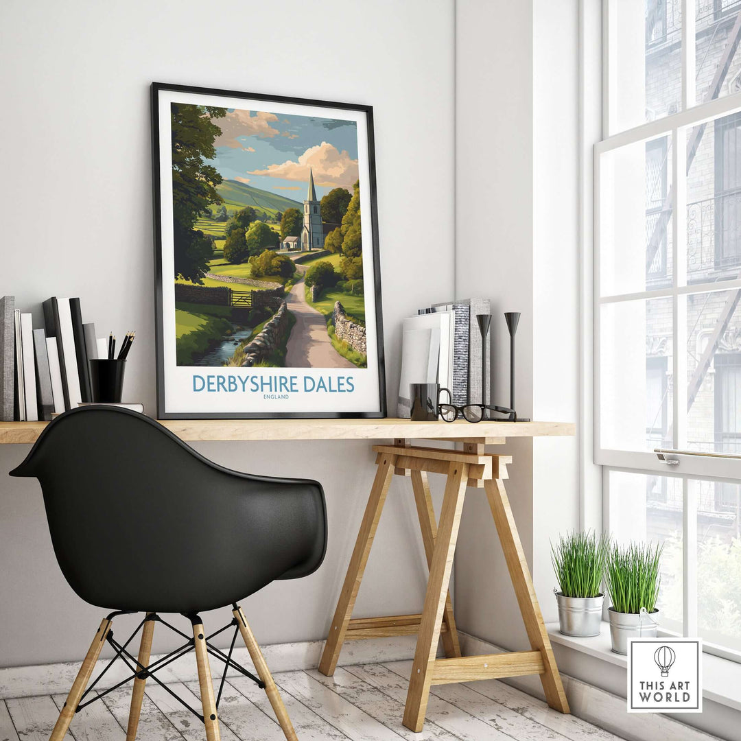 Derbyshire Dales poster in a modern office setup showcasing the English countryside landscape art print.