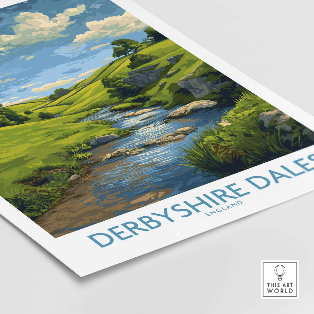Derbyshire Dales poster showcasing rolling hills and a serene river in vibrant colors, perfect for home decor.