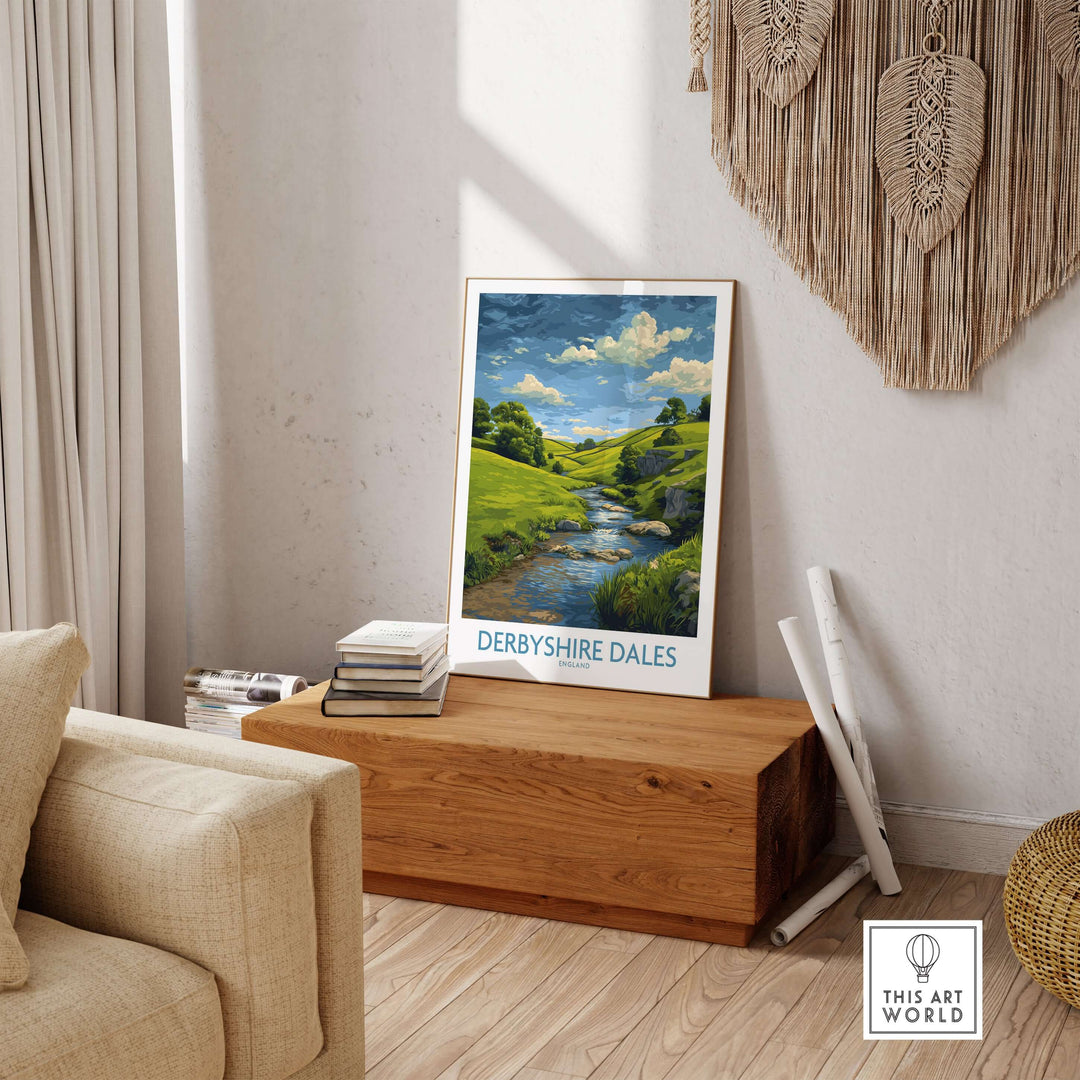 Derbyshire Dales poster showcasing serene rolling hills and a stream, perfect for wall decor in home or office.