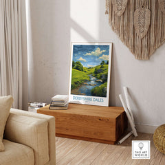 Derbyshire Dales Poster - Peak District Art Print - Rolling Hills Wall Decor displayed in a cozy room setting.