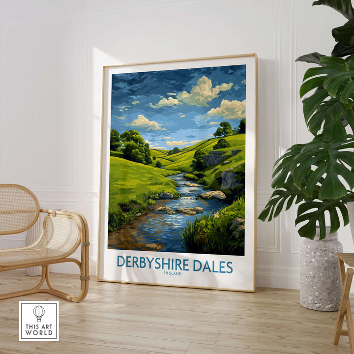 Derbyshire Dales poster art print featuring rolling hills and a serene river landscape, ideal for wall decor.
