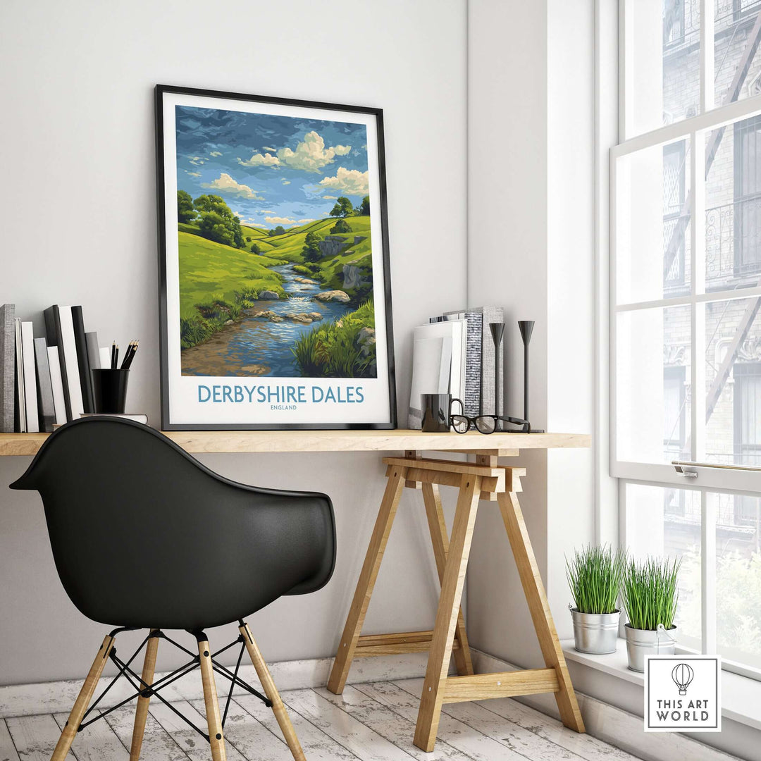 Derbyshire Dales poster art print in a modern office setting, showcasing rolling hills and a serene landscape.