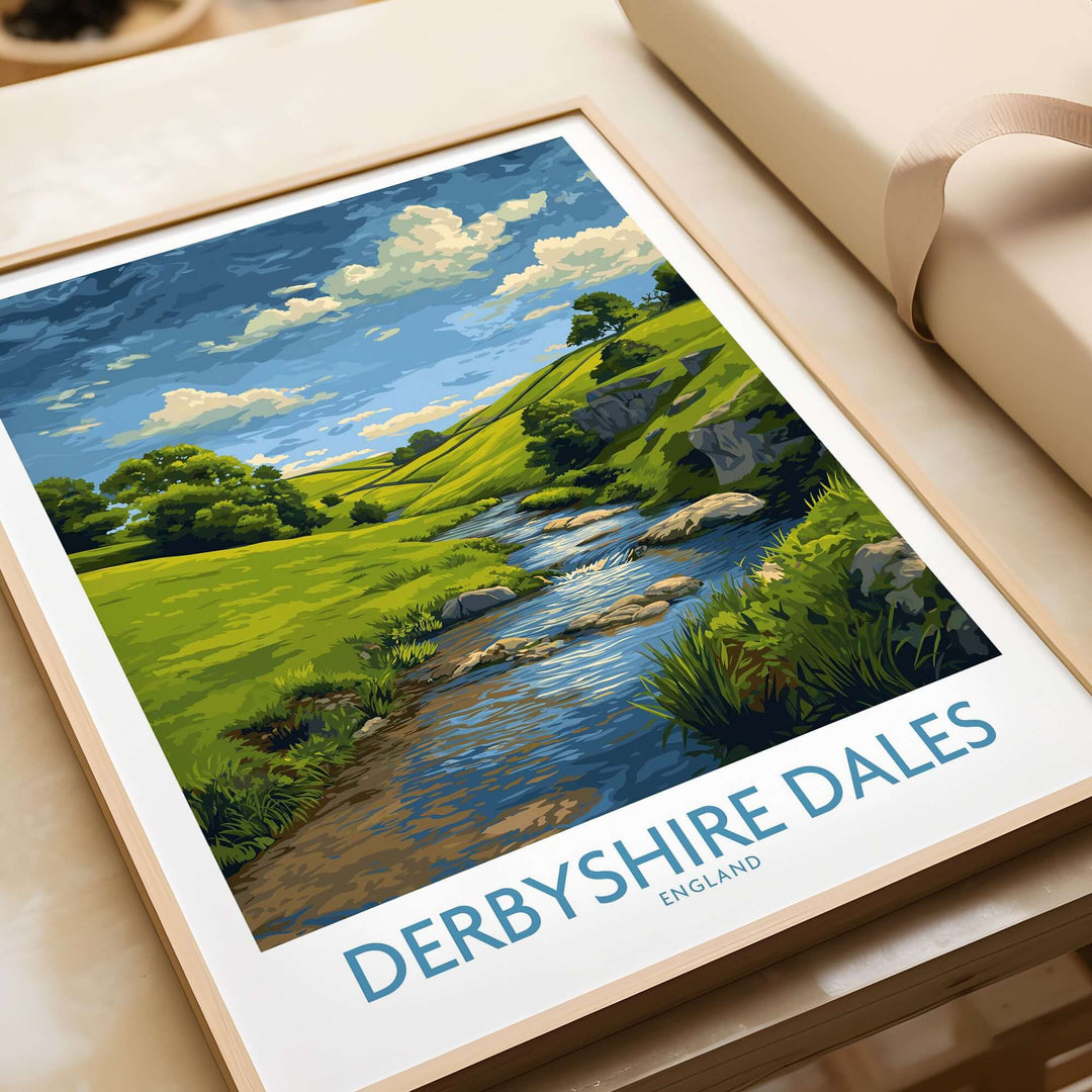 Derbyshire Dales art print showcasing rolling hills and a stream, perfect wall decor for nature lovers.