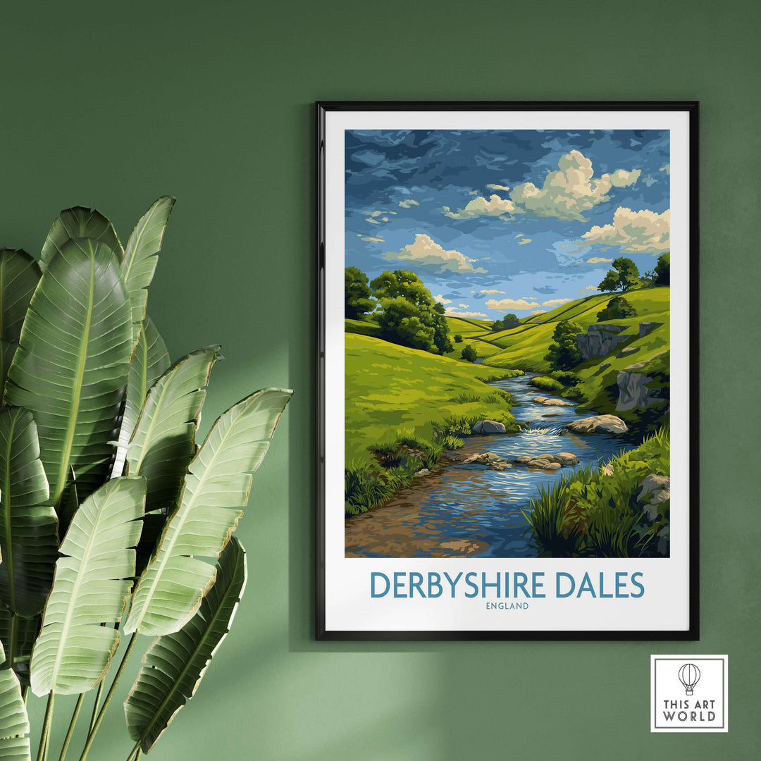 Derbyshire Dales poster art print showcasing rolling hills and a serene landscape in England.