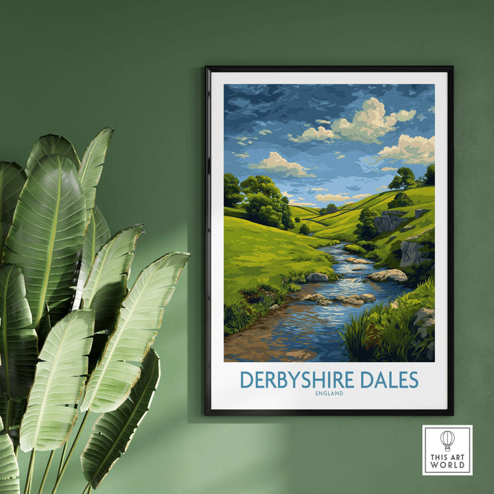 Derbyshire Dales poster art print showcasing rolling hills and a serene landscape in England.