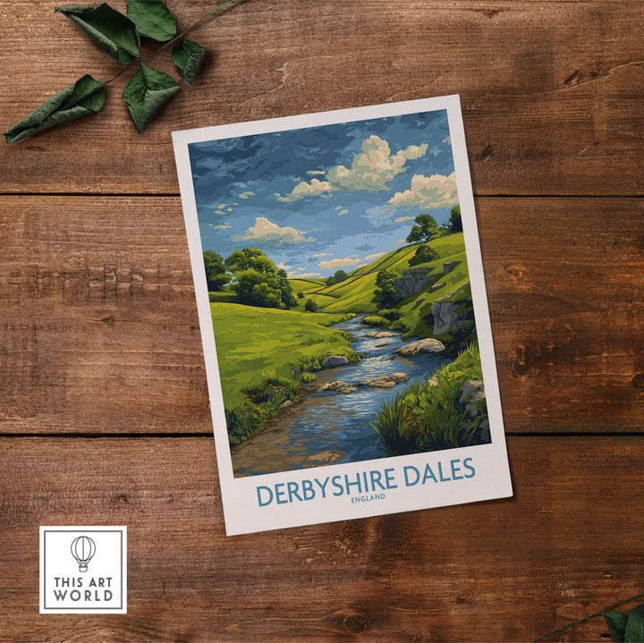 Derbyshire Dales poster featuring rolling hills and a stream, showcasing the beauty of the Peak District in England.