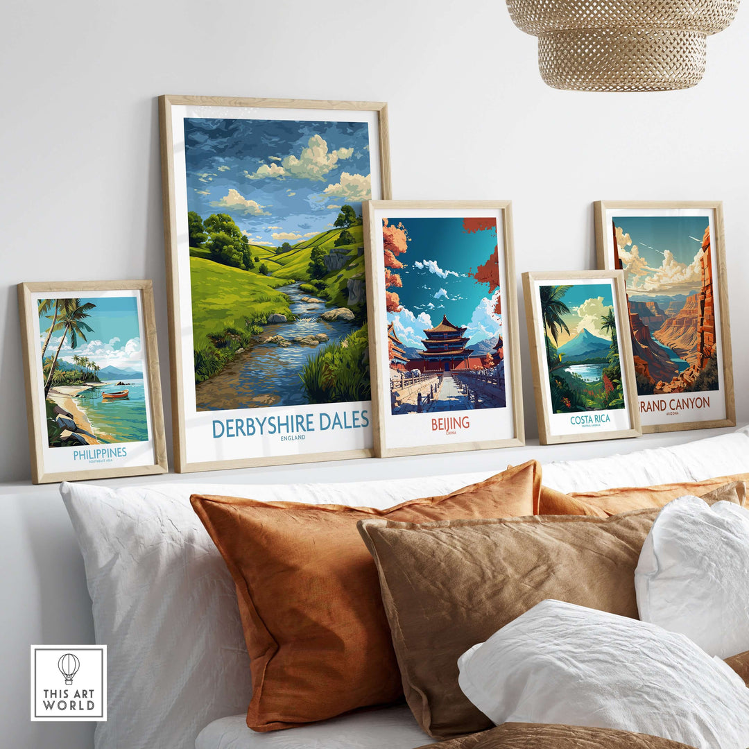 Derbyshire Dales poster among framed travel prints showcasing scenic landscapes and cultural landmarks.