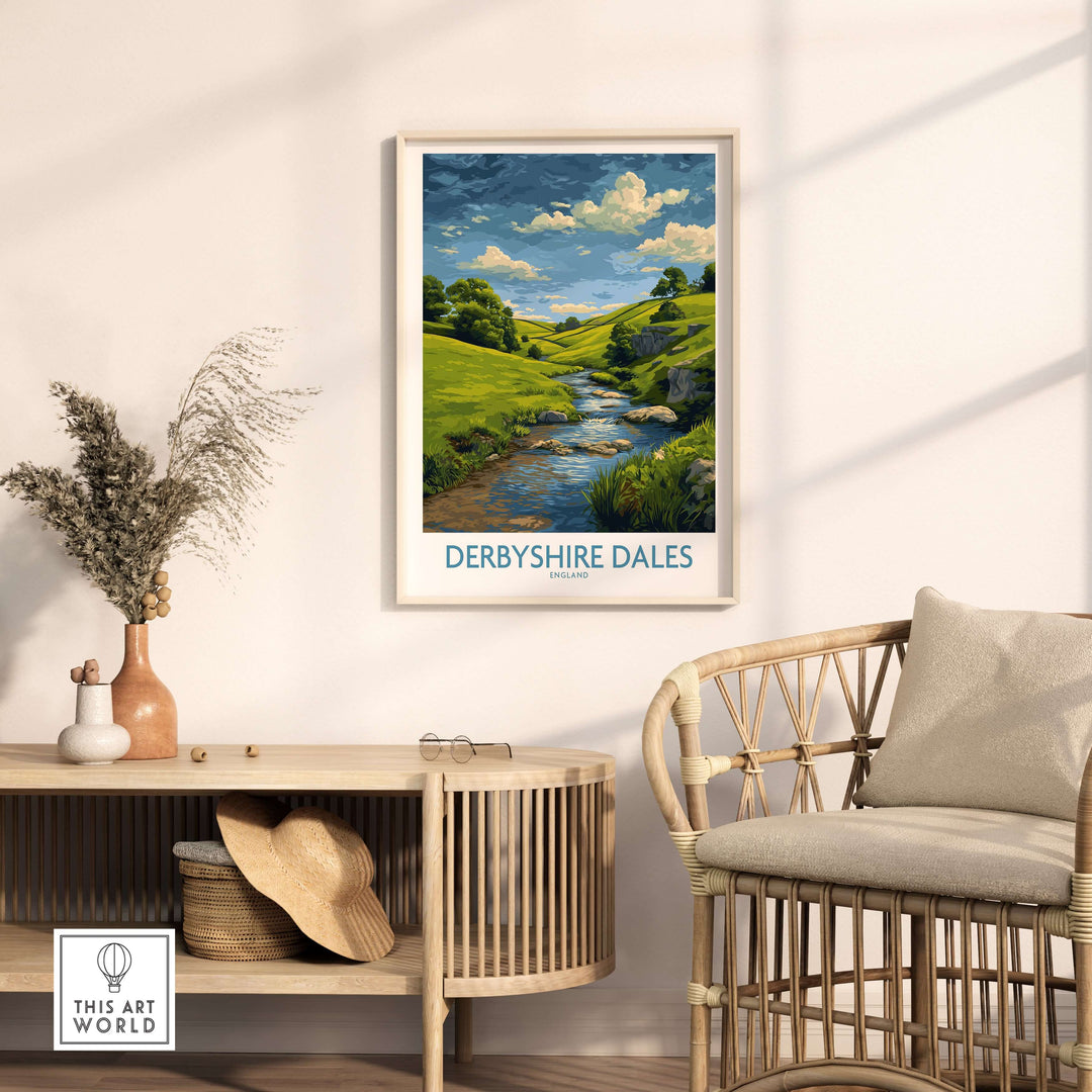 Derbyshire Dales art print featuring rolling hills and a stream, perfect for decor in home or office.