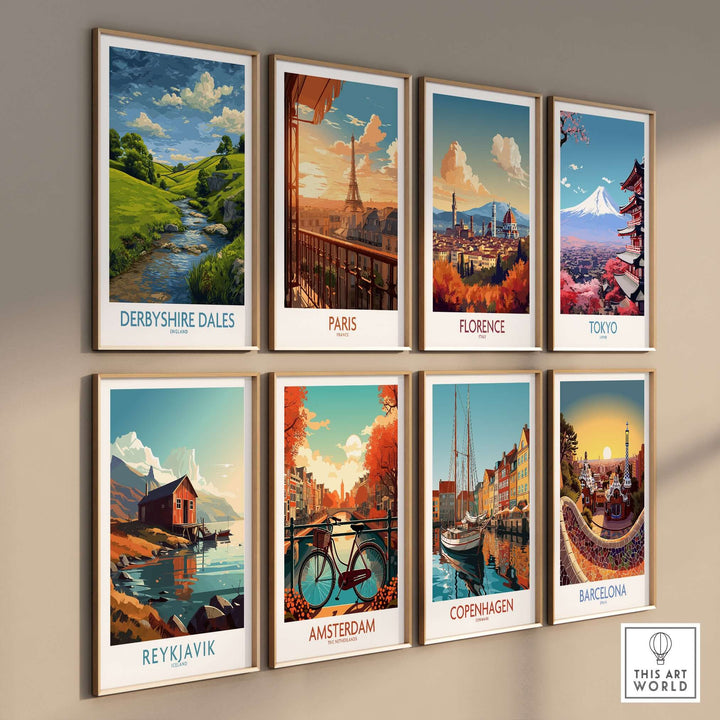 Collection of colorful travel posters featuring Derbyshire Dales, Paris, Florence, Tokyo, Reykjavik, Amsterdam, Copenhagen, and Barcelona.