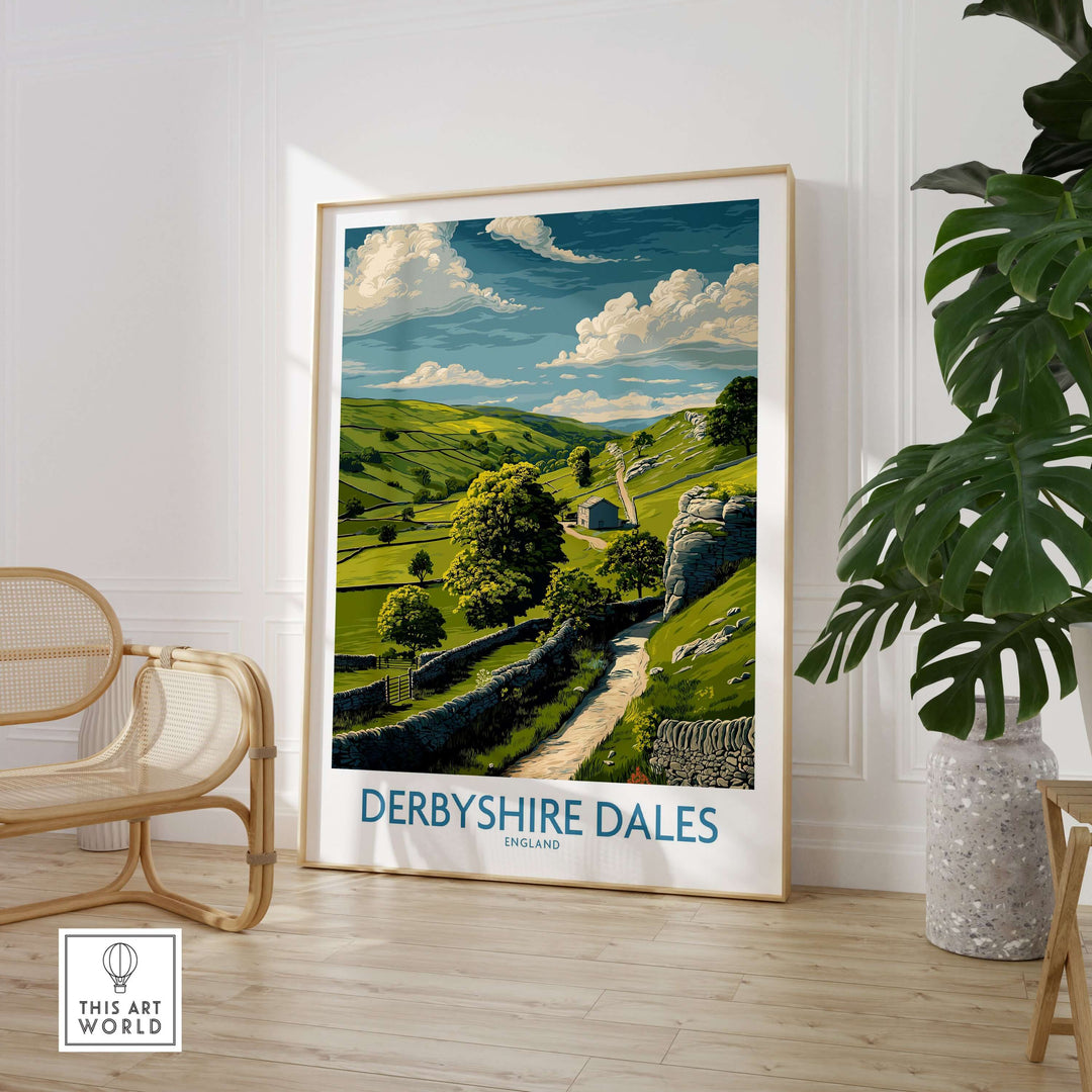 Derbyshire Dales poster showcasing English landscape art with rolling hills and clouds, perfect for home decor.