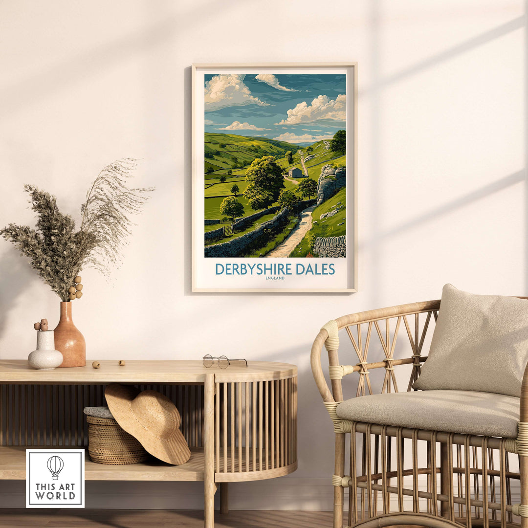 Derbyshire Dales poster in a stylish interior, showcasing Peak District landscape and natural beauty.
