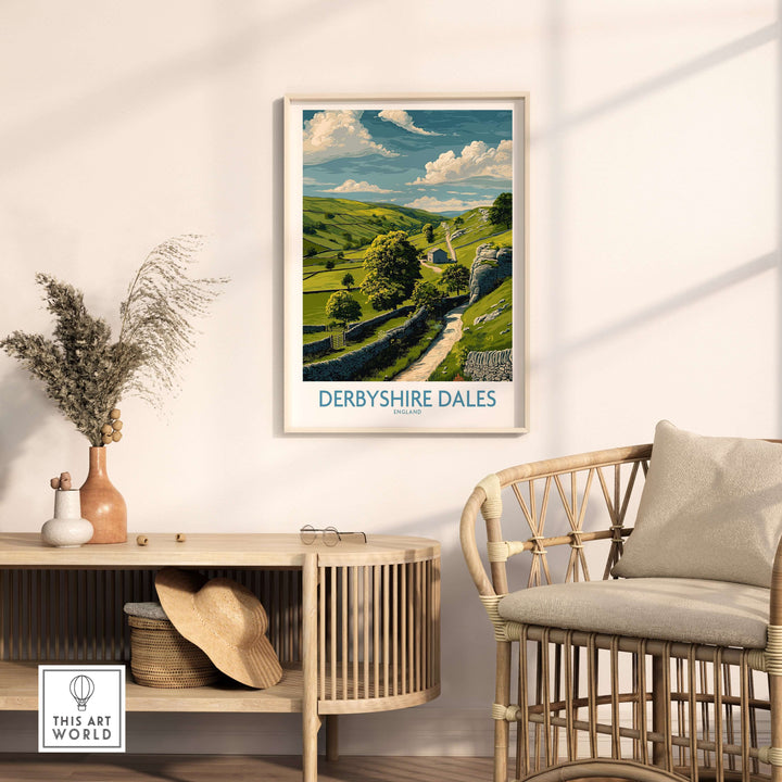 Derbyshire Dales poster in a stylish interior, showcasing Peak District landscape and natural beauty.