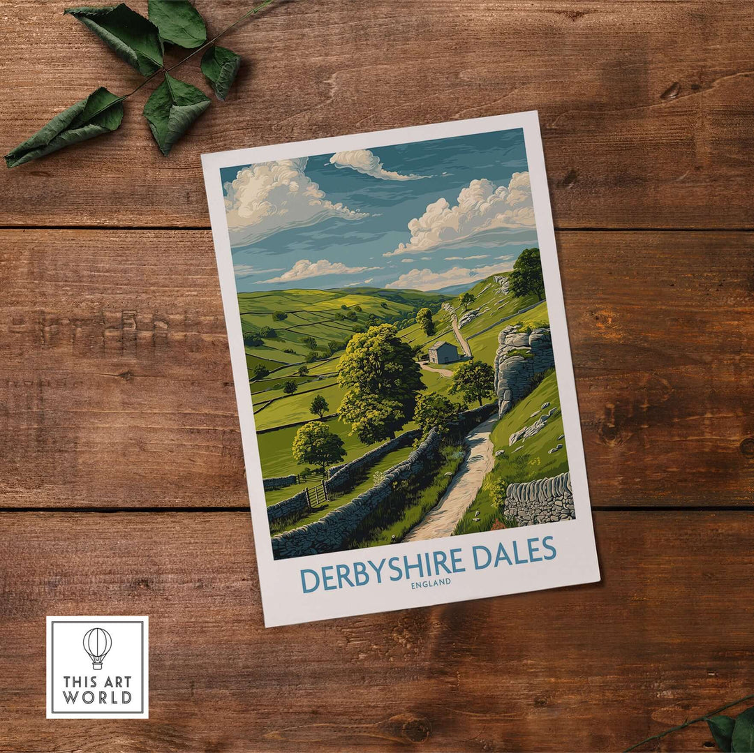 Derbyshire Dales poster showcasing scenic hills and countryside, capturing English landscape beauty for home decor.