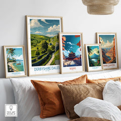 Derbyshire Dales Poster - Peak District Wall Art - English Landscape Print displayed among various travel posters.