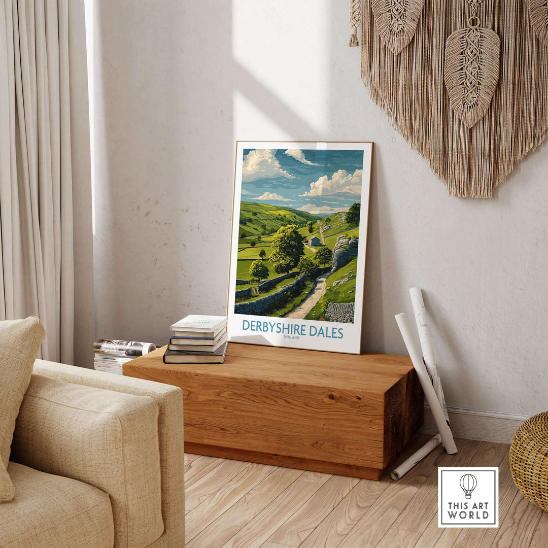 Derbyshire Dales poster showcasing serene English landscape art in a cozy interior setting.