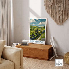 Derbyshire Dales Poster - Peak District Wall Art - English Landscape Print displayed in a cozy living room setting.