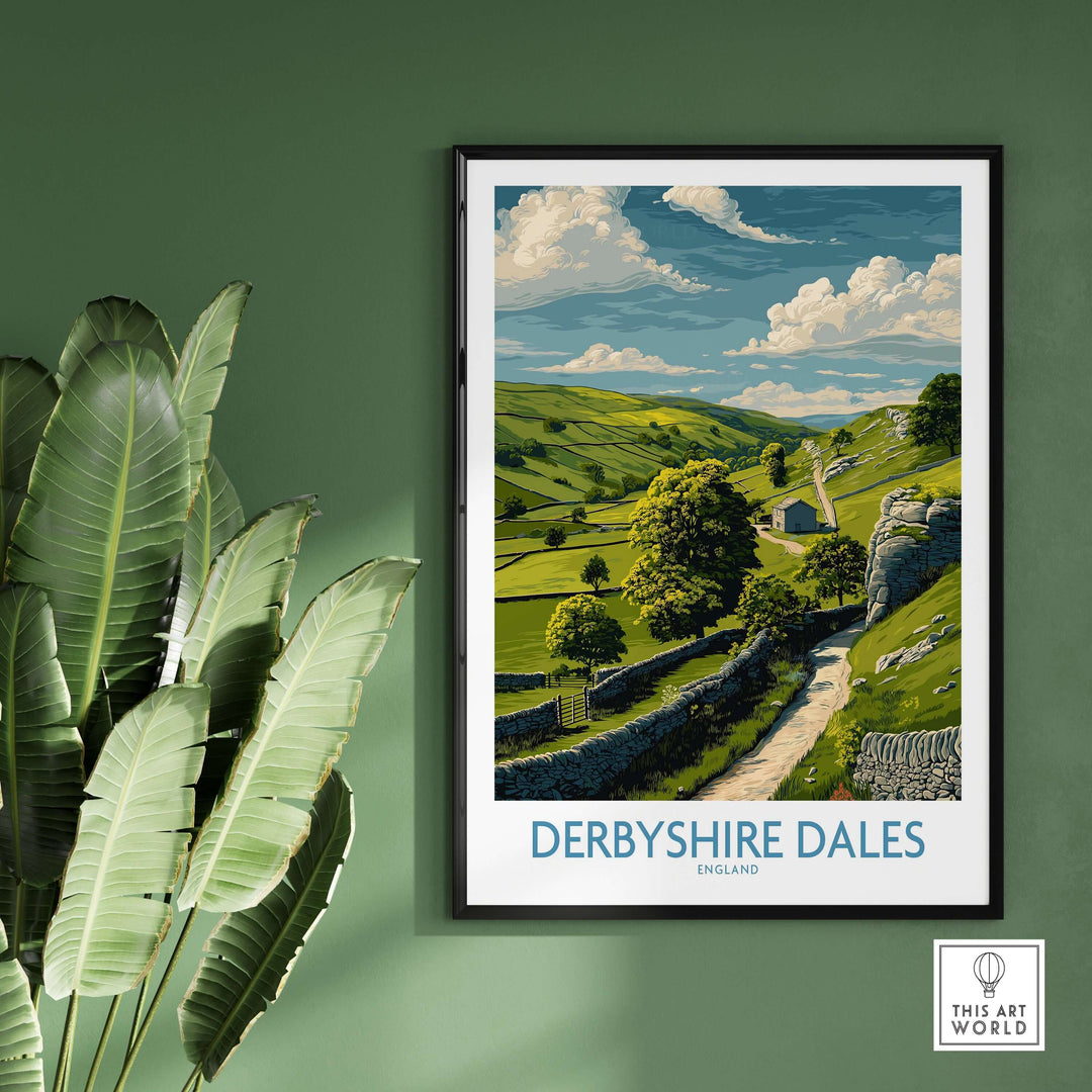 Derbyshire Dales poster featuring green hills and countryside, ideal for English landscape art lovers.