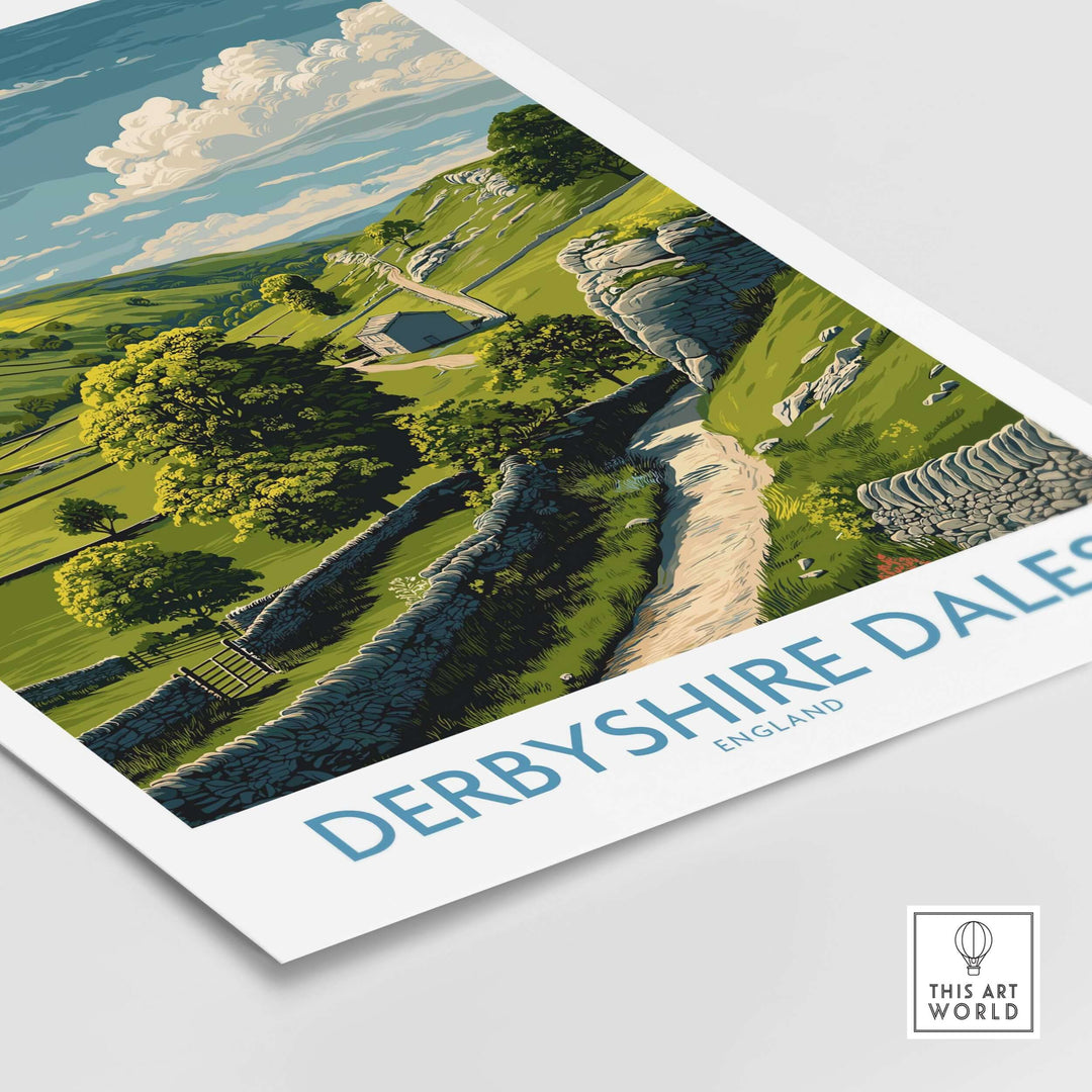 Derbyshire Dales poster showcasing a scenic English landscape with rolling hills and countryside.