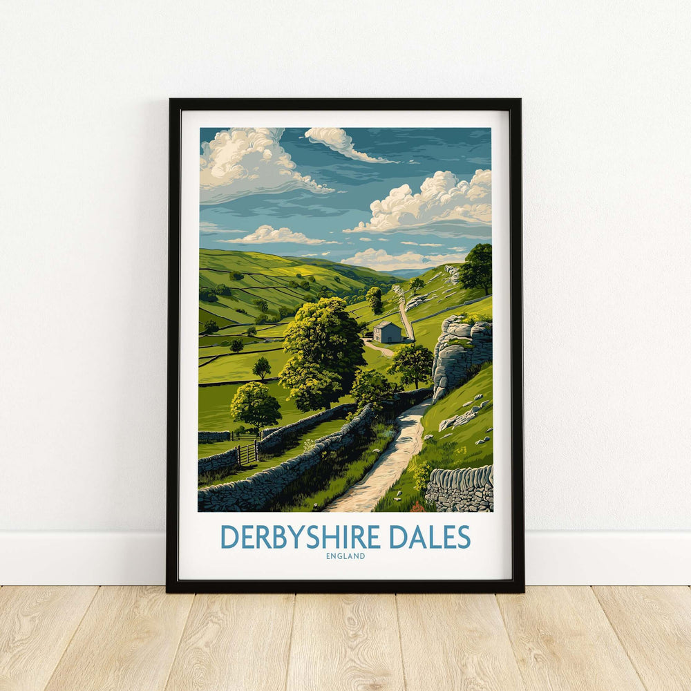Derbyshire Dales poster featuring rolling hills and serene countryside landscape in Peak District, England.